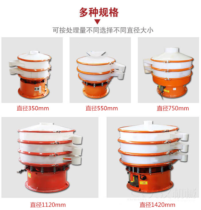 塑料振動篩不同篩分直徑進(jìn)行展示：350，550，750，1120，1420等。