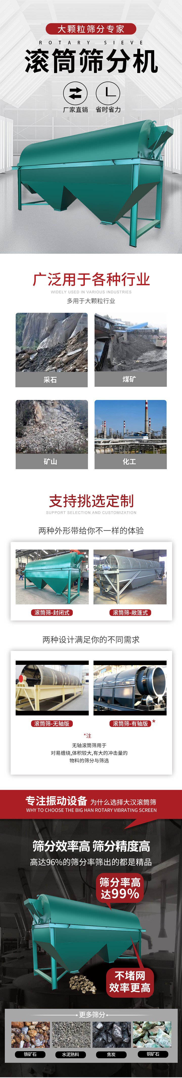 滾筒篩分機(jī)大顆粒篩分專家：廠家直銷，省時(shí)省力。滾筒篩被廣泛應(yīng)用各種行業(yè)：多用于大顆粒行業(yè)例如：采石，煤礦，礦山，化工等。滾筒篩定制類型有哪些：封閉式與敞篷式產(chǎn)品結(jié)構(gòu)分為：無軸式，有軸式兩種，無軸滾筒篩用于對纏繞，體積較大，有大的沖擊量的物料的篩分與篩選。滾筒篩篩分效率高篩分精度能夠達(dá)到：96%也比較適用于鐵礦石，水泥熟料，焦炭，銅礦石。滾筒篩特點(diǎn)：不飛粉末：密封隔離罩，密封性好，工作過程不會出現(xiàn)飛粉現(xiàn)象。外型尺寸是按筒體長計(jì)
