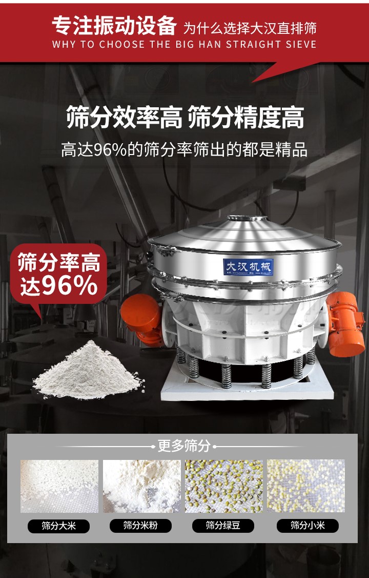 直排篩適用物料有面粉，淀粉，洗衣粉，金屬粉，添加劑，化工，非礦等行業(yè)。